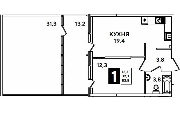  Планировка 1-к. кв., S=83,8 м²