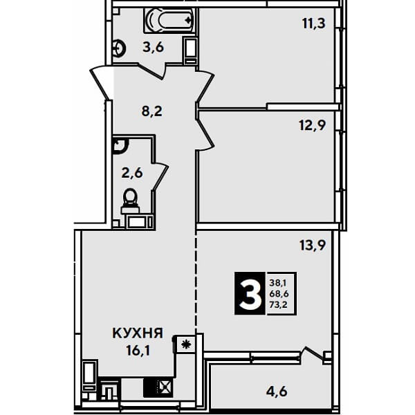  Планировка 3-к. кв., S=73,2 м²