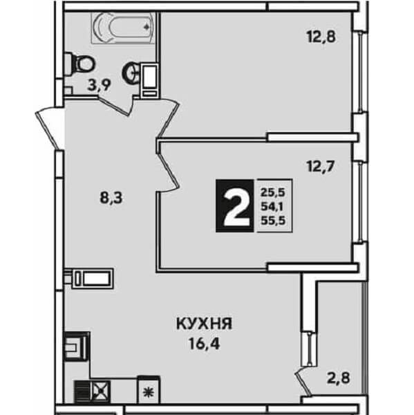  Планировка 2-к. кв., S=55,5 м²