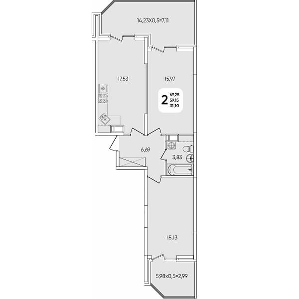  Планировка 2 комнатной квартиры, S=69,25 м²