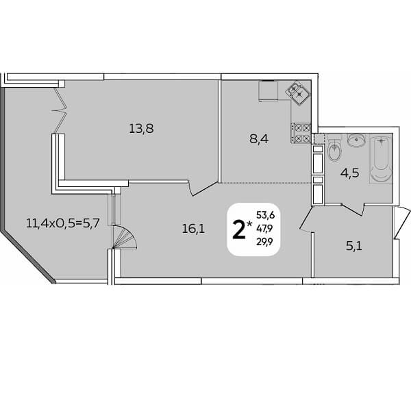  Планировка 1 комнатной квартиры, S=53,60 м²