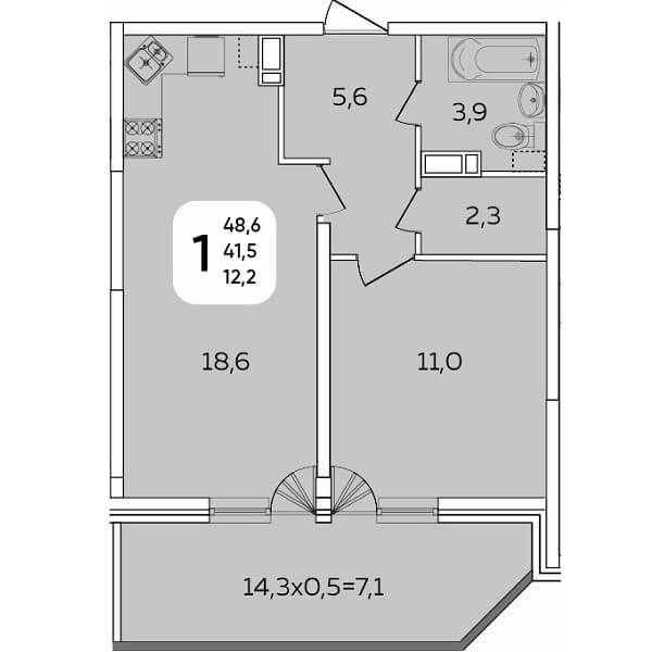  Планировка 1 комнатной квартиры, S=48,60 м²