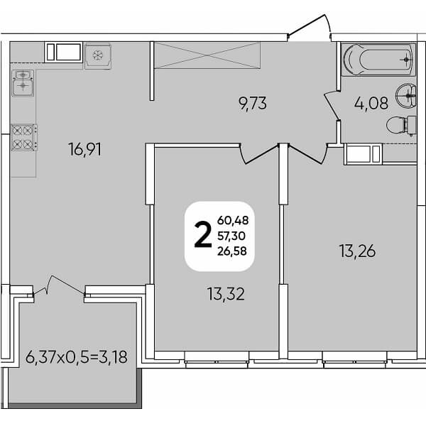  Планировка 2 комнатной квартиры, S=60,48 м²