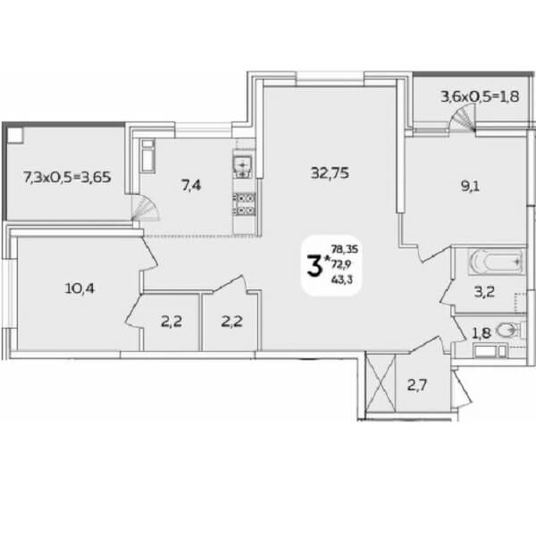  Планировка 2 комнатной квартиры, S=78,35 м²