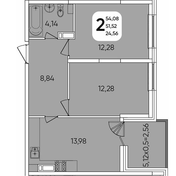  Планировка 2 комнатной квартиры, S=54,08 м²