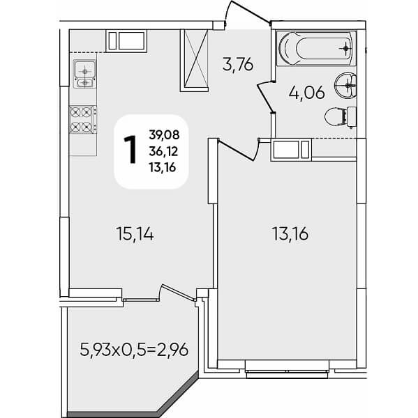  Планировка 1 комнатной квартиры, S=39,08 м²