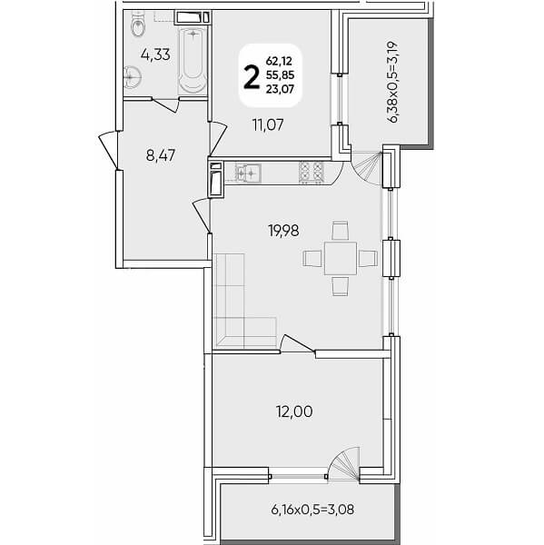  Планировка 2 комнатной квартиры, S=62,12 м²