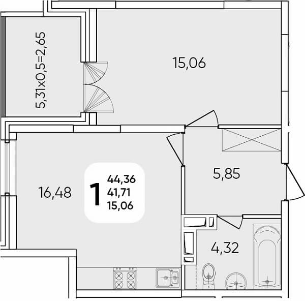  Планировка 1 комнатной квартиры, S=44,36 м²