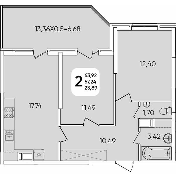 Планировка 2 комнатной квартиры, S=63,92 м²