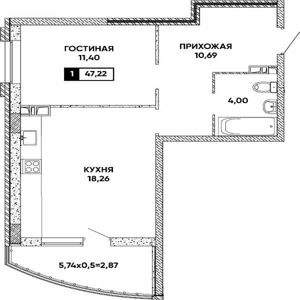 Планировка 1 комнатной квартиры, S=47,22 м²