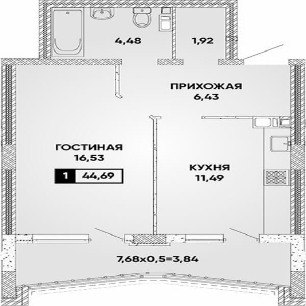 Планировка 1 комнатной квартиры, S=44,69 м²