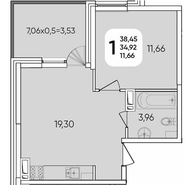  Планировка 1 комнатной квартиры, S=38,45 м²