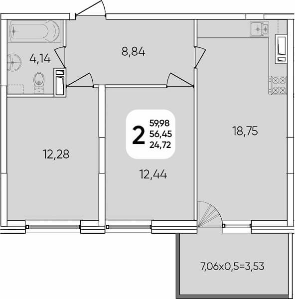  Планировка 2 комнатной квартиры, S=59,98 м²
