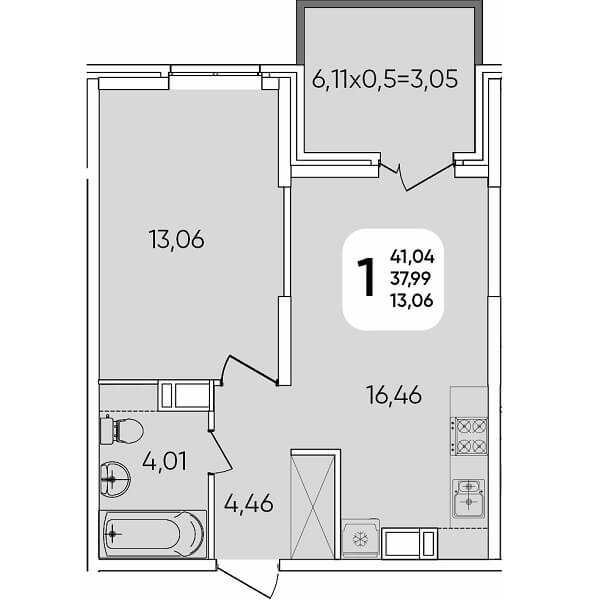  Планировка 1 комнатной квартиры, S=41,04 м²