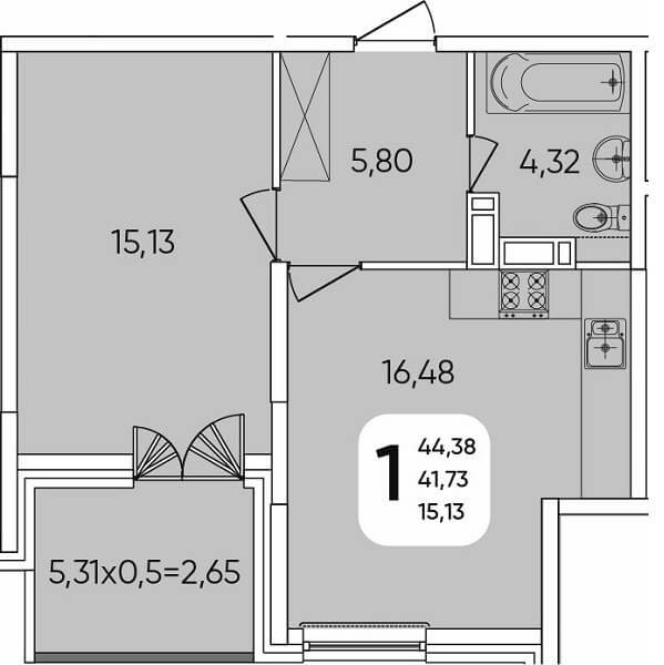  Планировка 1 комнатной квартиры, S=44,38 м²