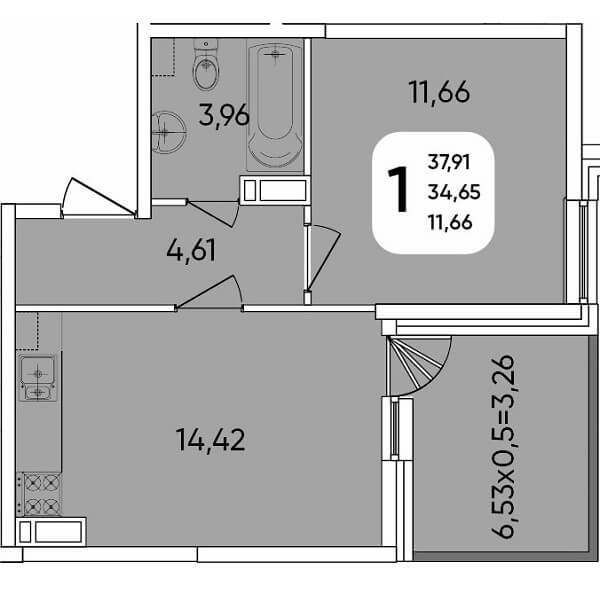  Планировка 1 комнатной квартиры, S=37,91 м²