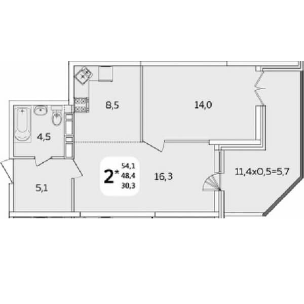  Планировка 1 комнатной квартиры, S=54,10 м²