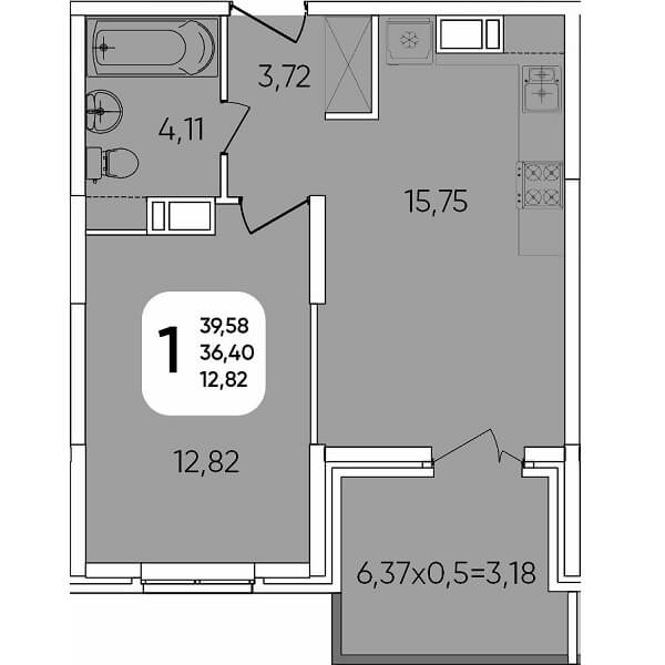 Планировка 1 комнатной квартиры, S=39,58 м²