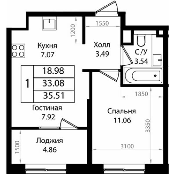Планировка квартиры 1 комнатной, S=35,51 м2