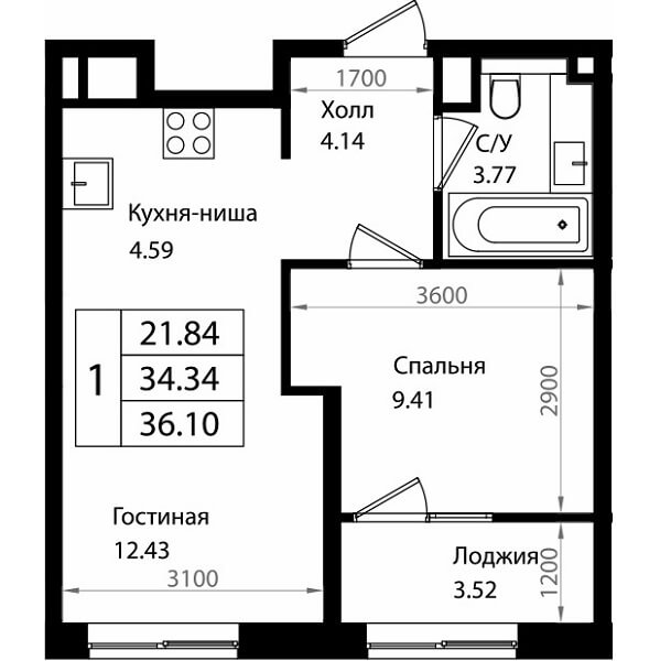 Планировка квартиры 1 комнатной, S=36,10 м2
