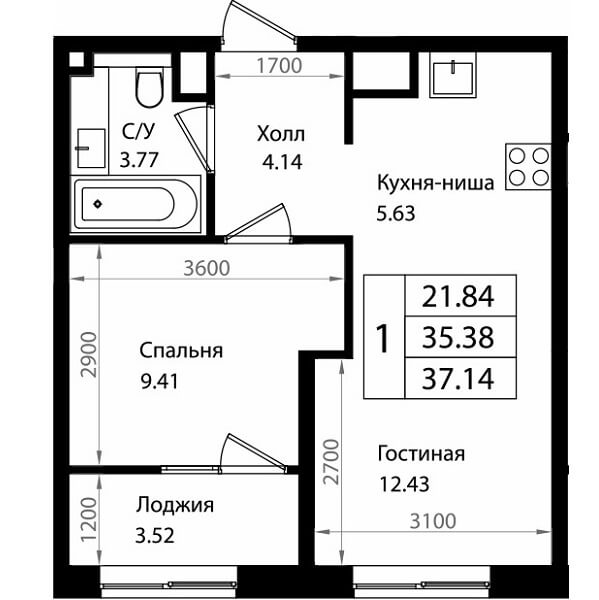 Планировка 1-к квартиры 37 м2 ЖК Патрики Краснодар (2)