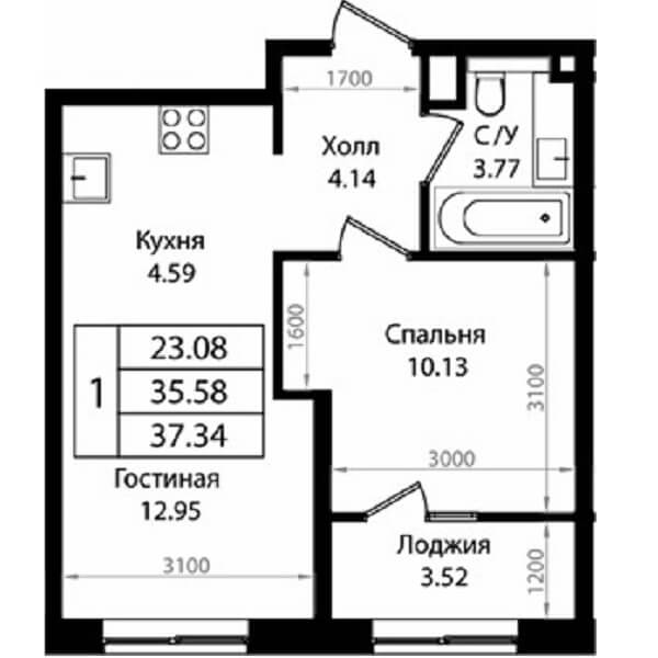 Планировка 1-к квартиры 37 м2 ЖК Патрики Краснодар (3)