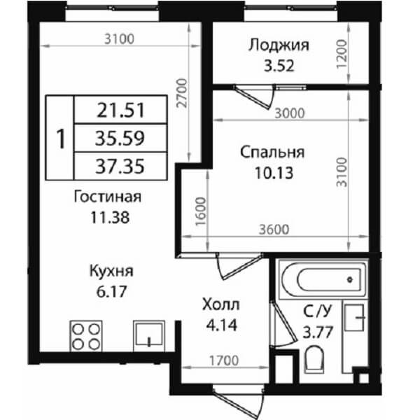 Планировка 1-к квартиры 37 м2 ЖК Патрики Краснодар