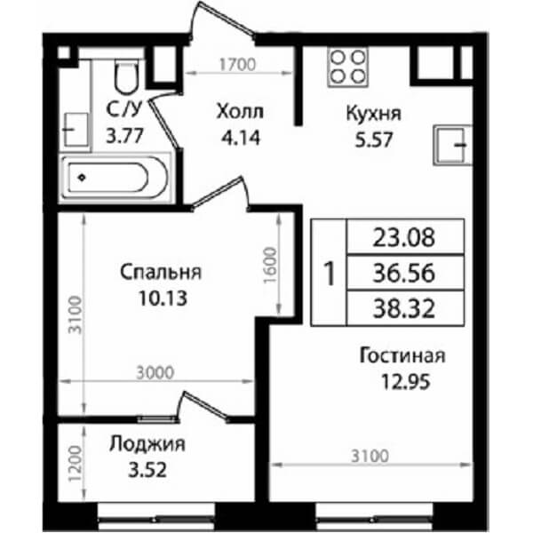 Планировка квартиры 1 комнатной, S=38,32 м2