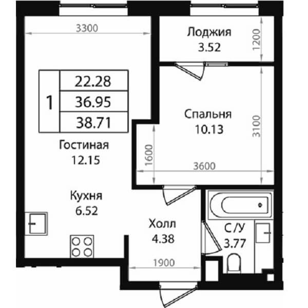 Планировка квартиры 1 комнатной, S=38,71 м2