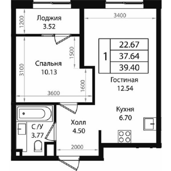 Планировка квартиры 1 комнатной, S=39,40 м2