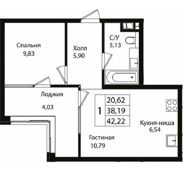 Планировка 1-к квартиры 42 м2 ЖК Патрики Краснодар (2)
