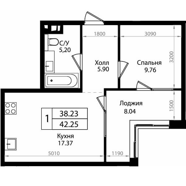 Планировка квартиры 1 комнатной, S=42,25 м2