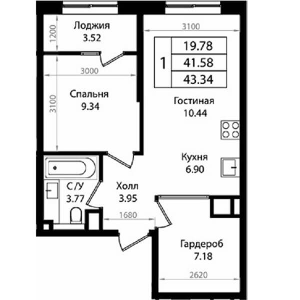 Планировка квартиры 1 комнатной, S=43,34 м2