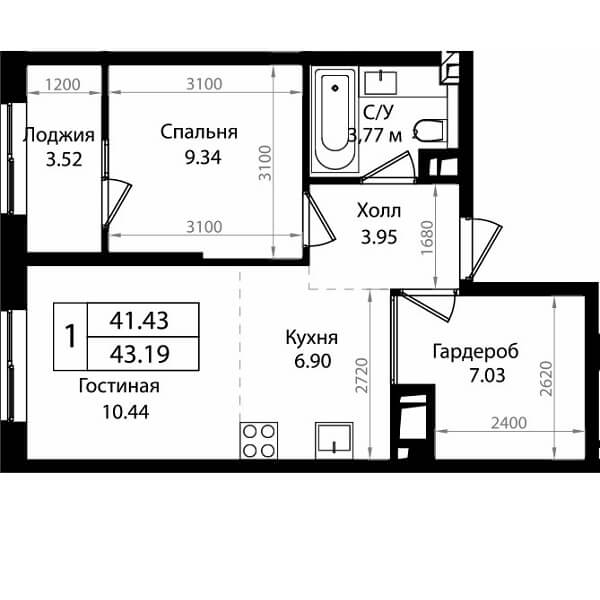 Планировка квартиры 1 комнатной, S=43,19 м2
