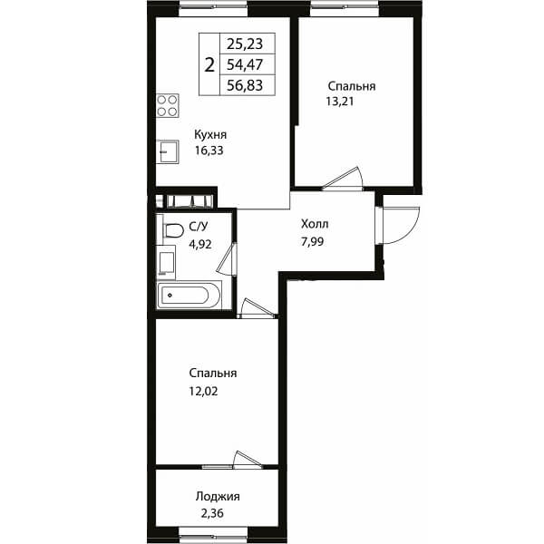 Планировка квартиры 2 комнатной, S=56,83 м2
