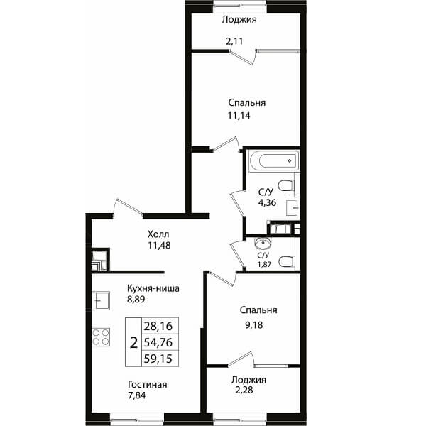Планировка квартиры 2 комнатной, S=59,15 м2