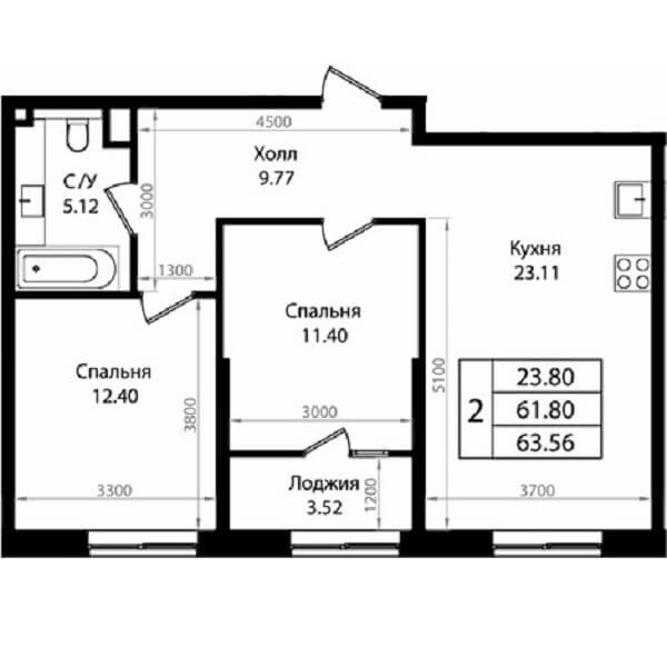 Планировка квартиры 2 комнатной, S=63,56 м2