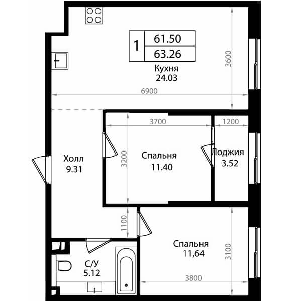 Планировка квартиры 2 комнатной, S=63,26 м2
