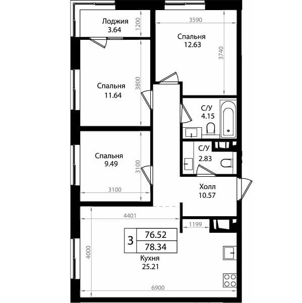 Планировка квартиры 3 комнатной, S=78,34 м2