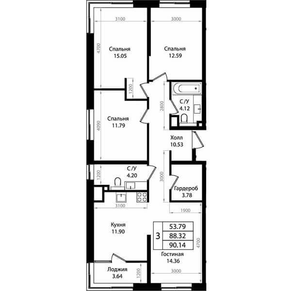 Планировка квартиры 3 комнатной, S=90,14 м2