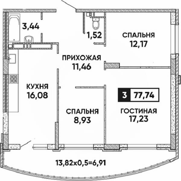 Планировка 3 комнатной квартиры, S=77,74 м²
