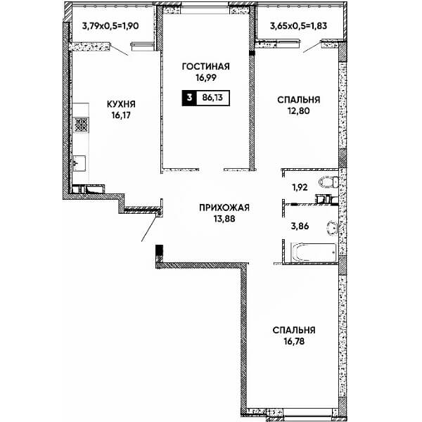 Планировка 3 комнатной квартиры, S=86,13 м²