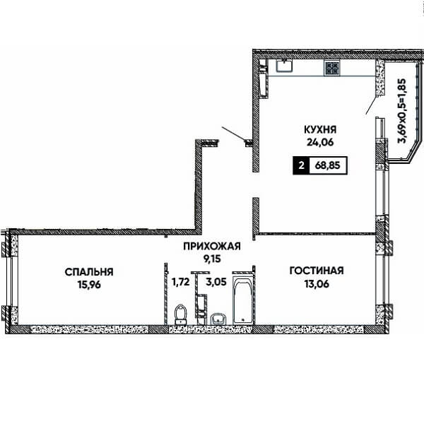 Планировка 2 комнатной квартиры, S=68,85 м²