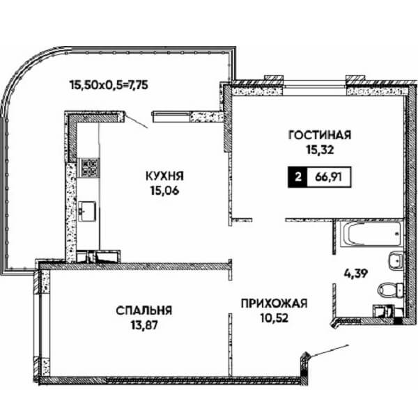 Планировка 2 комнатной квартиры, S=66,91 м²