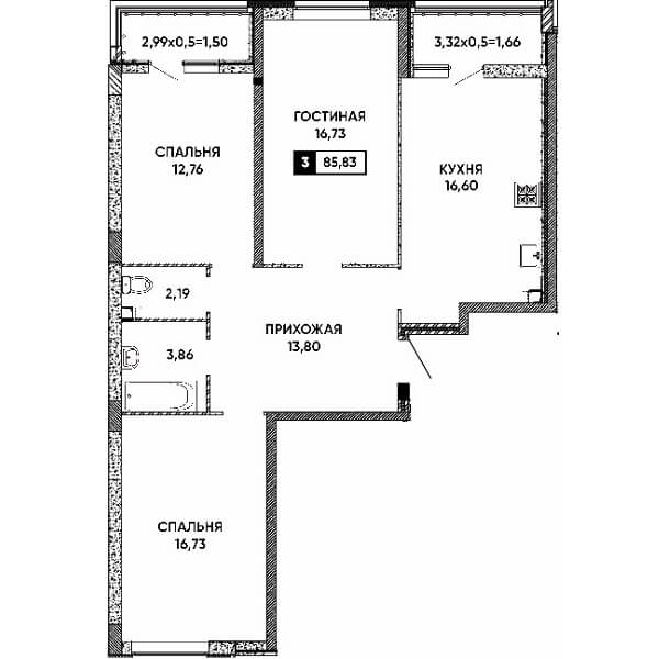 Планировка 3 комнатной квартиры, S=85,83 м²