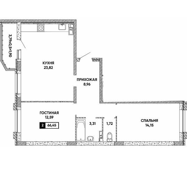 Планировка 2 комнатной квартиры, S=66,45 м²