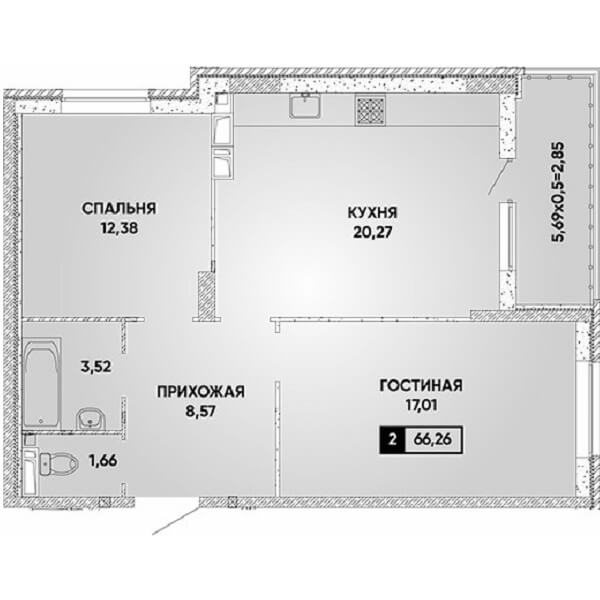 Планировка 2 комнатной квартиры, S=66,26 м²