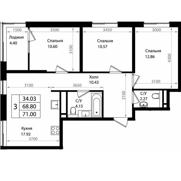 Планировка квартиры 3 комнатной, S=71,00 м2