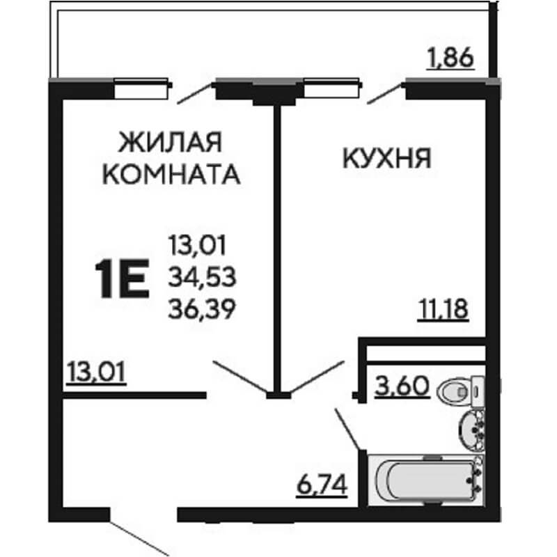 Планировка 1 комнатной квартиры S=36,39 м2