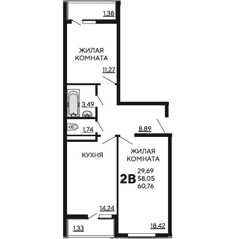 Планировка 2 комнатной квартиры S=60,76 м2